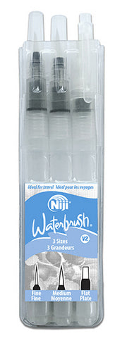 Niji Water Brush 3pc Set with one Fine Round, Medium Round, and one Flat Brushes